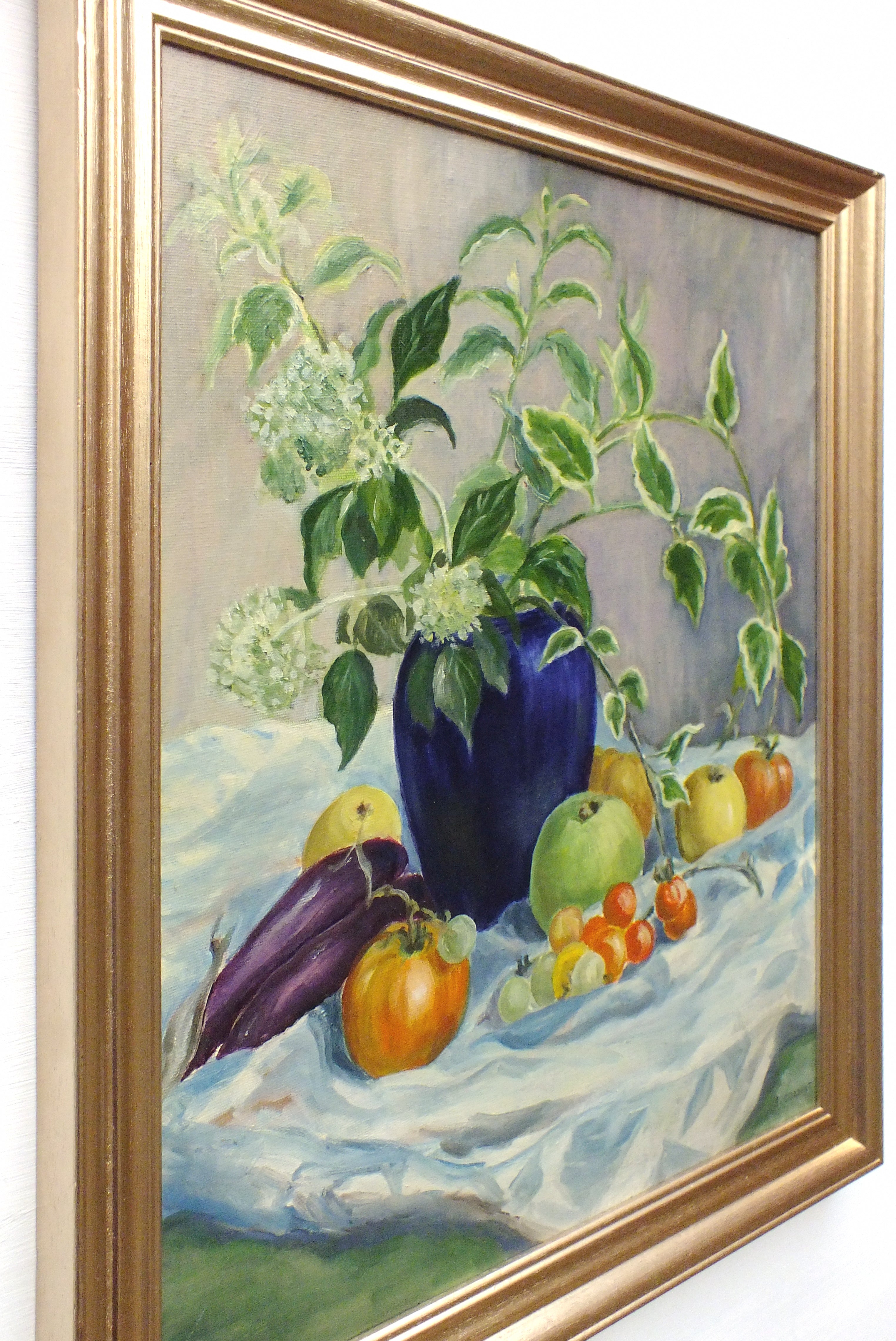 Fruit Flowers Still Life Vintage Oil Painting Signed Framed