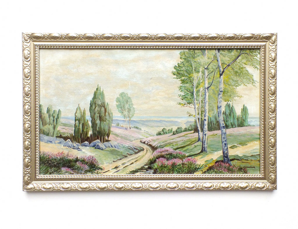 English Country Landscape Oil Painting Signed Framed Path to the Sea