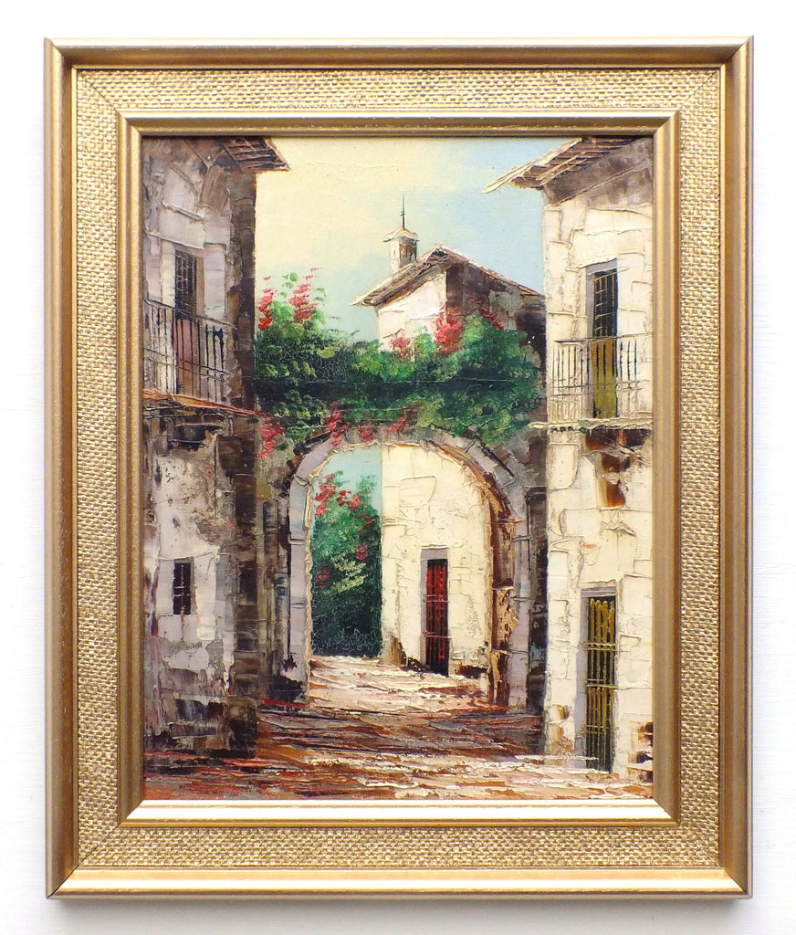 Spanish Village Scene Oil Painting Framed Original Vintage Architecture