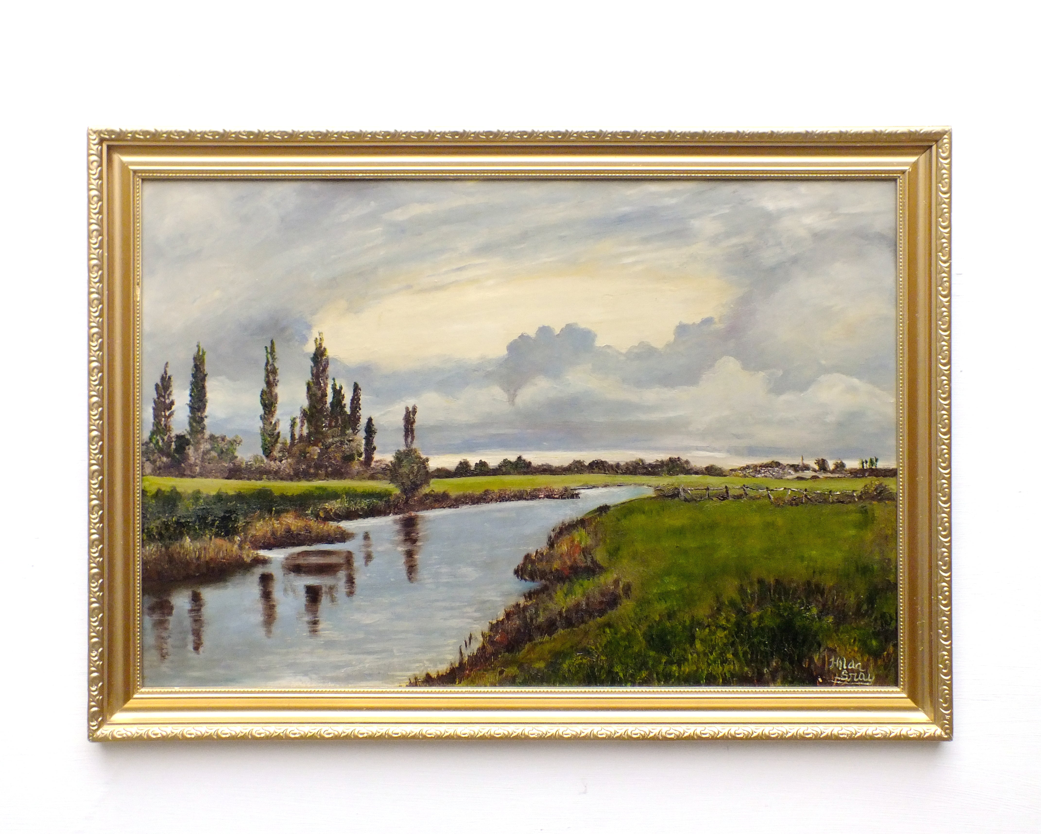 English Country Landscape Vintage Oil Painting Signed Framed River Scene