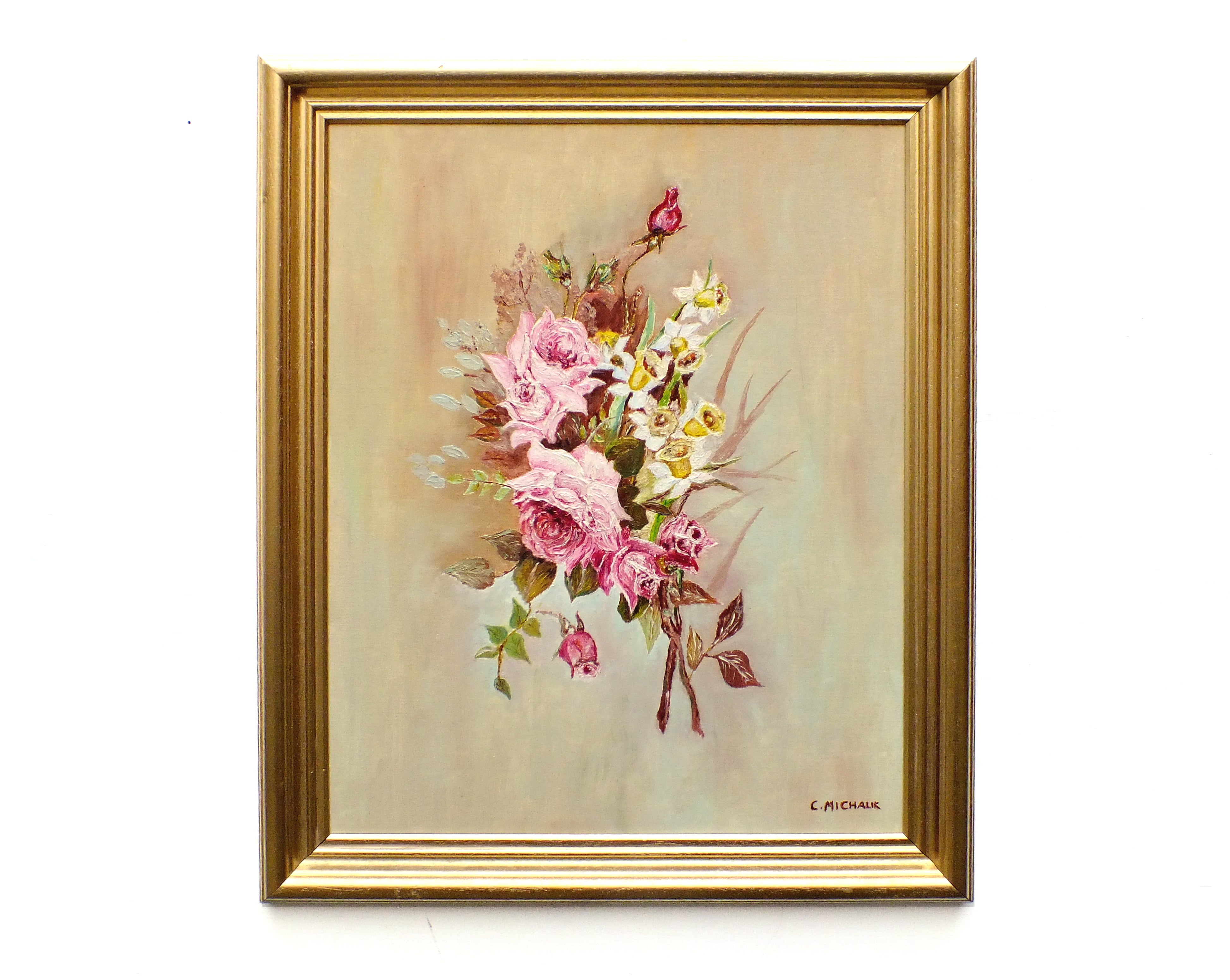 Pink Roses Still Life Vintage Oil Painting Signed Framed Original Flowers