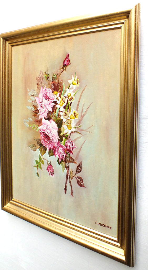 Pink Roses Still Life Vintage Oil Painting Framed Original Flowers