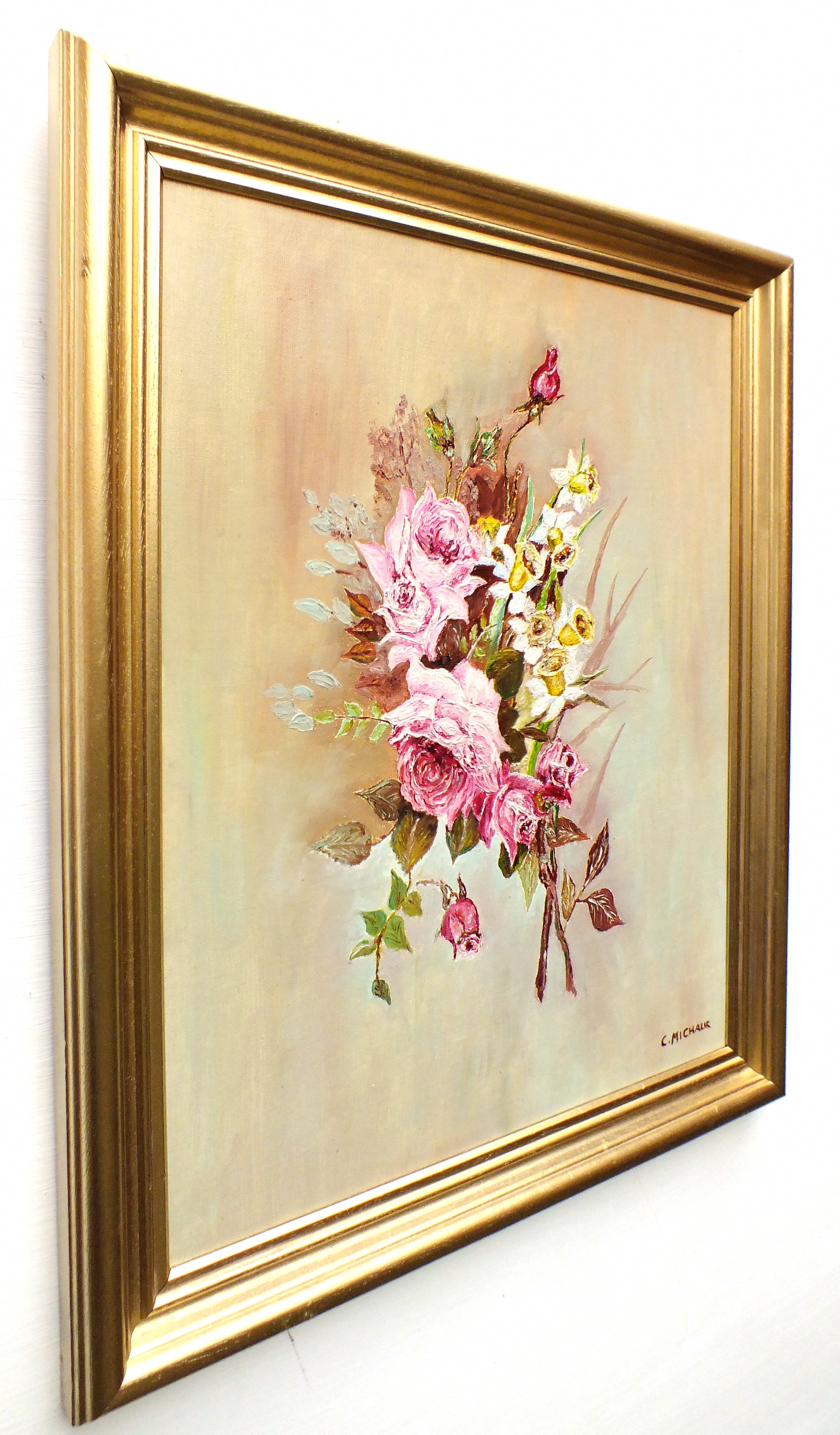 Pink Roses Still Life Vintage Oil Painting Signed Framed Original Flowers