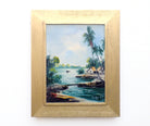 Vintage Framed Oil Paintings Tropical Fishing Village Boats