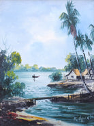 Vintage Framed Oil Paintings Tropical Fishing Village Boats