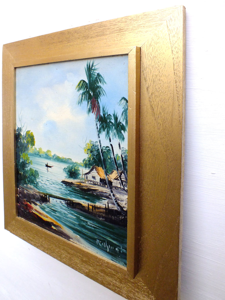 Vintage Framed Oil Paintings Tropical Fishing Village Boats
