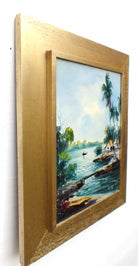 Vintage Framed Oil Paintings Tropical Fishing Village Boats