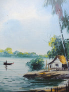 Vintage Framed Oil Paintings Tropical Fishing Village Boats