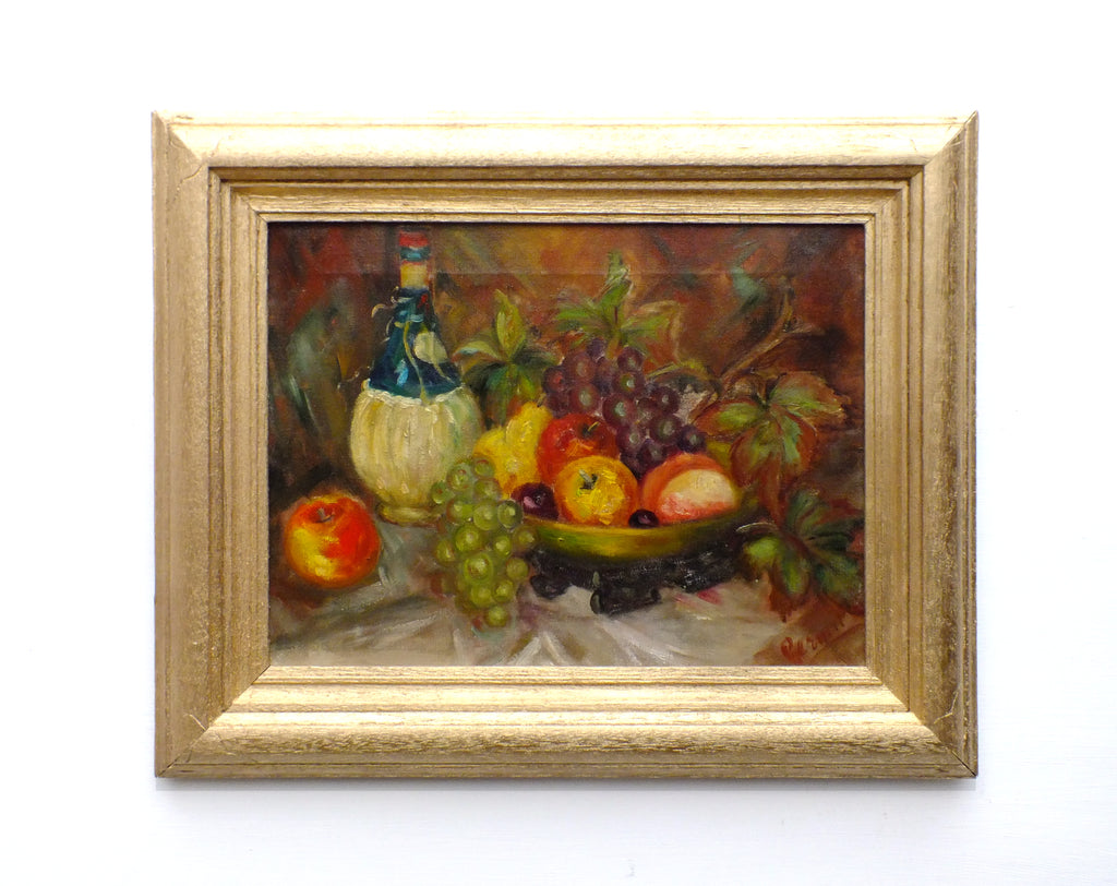 Fruit Wine Still Life Vintage Oil Painting Signed Framed Original Flowers