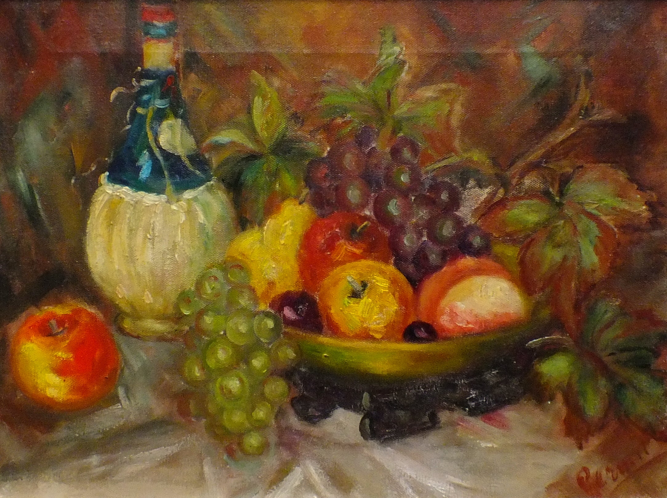 Fruit Wine Still Life Vintage Oil Painting Signed Framed Original Flowers