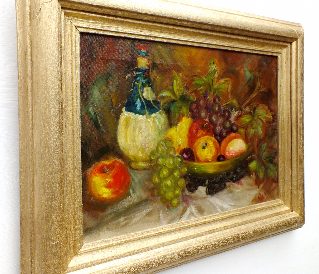 Fruit Wine Still Life Vintage Oil Painting Signed Framed Original Flowers