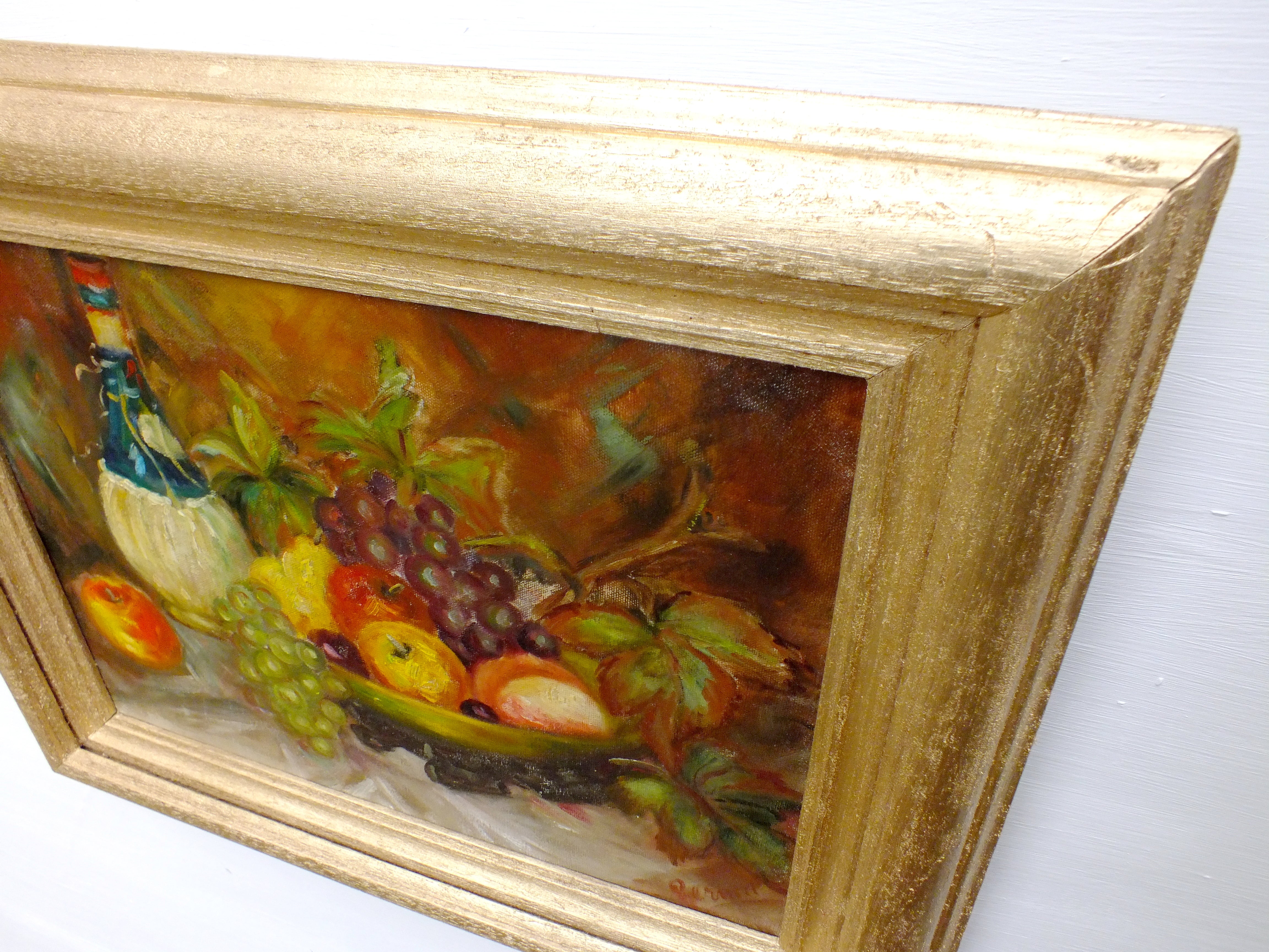 Fruit Wine Still Life Vintage Oil Painting Signed Framed Original Flowers