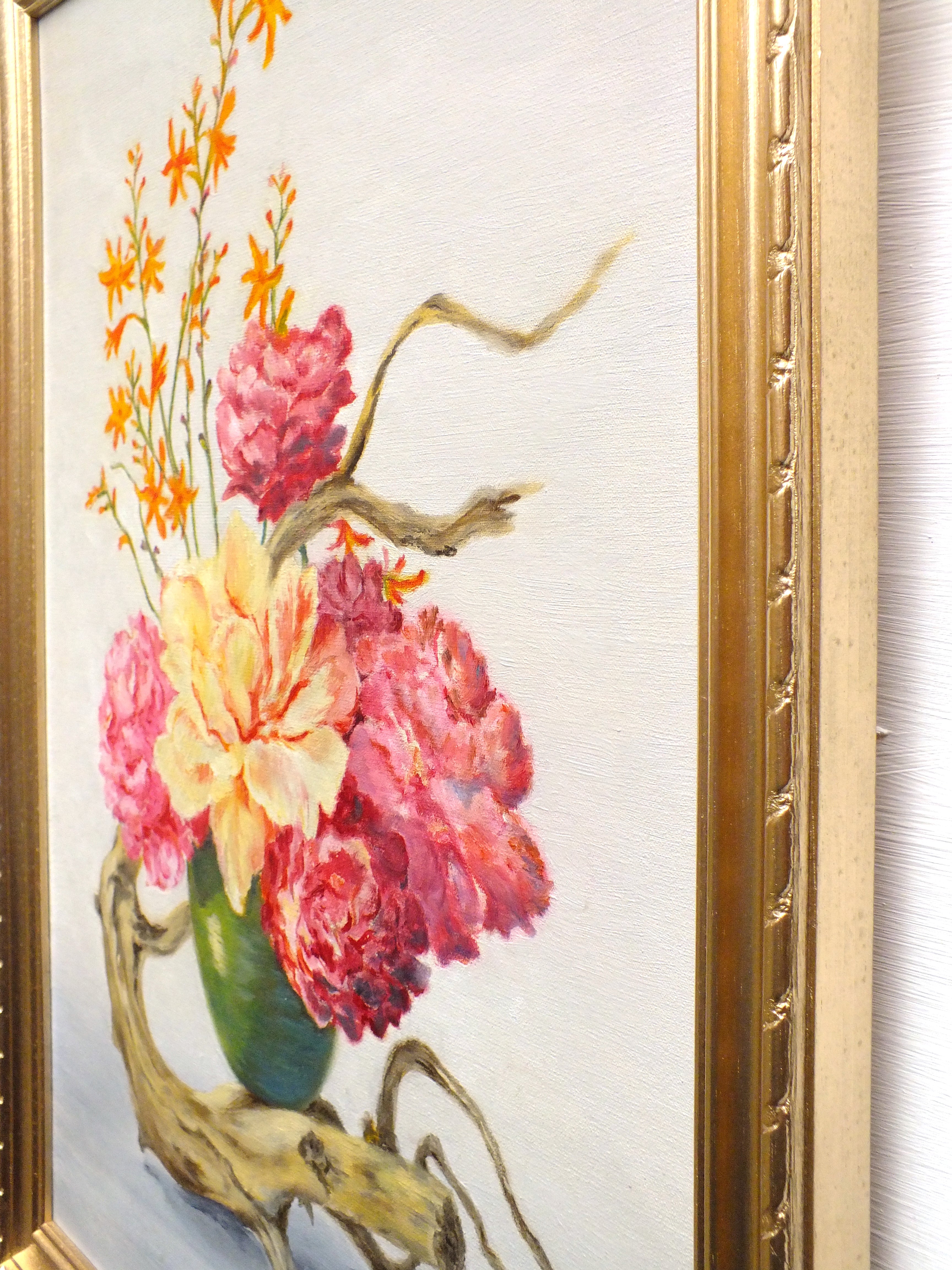 Pink Carnations Still Life Vintage Oil Painting Framed Original Flowers