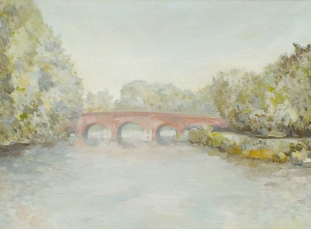 Bridge Over the River Landscape Vintage Oil Painting Framed