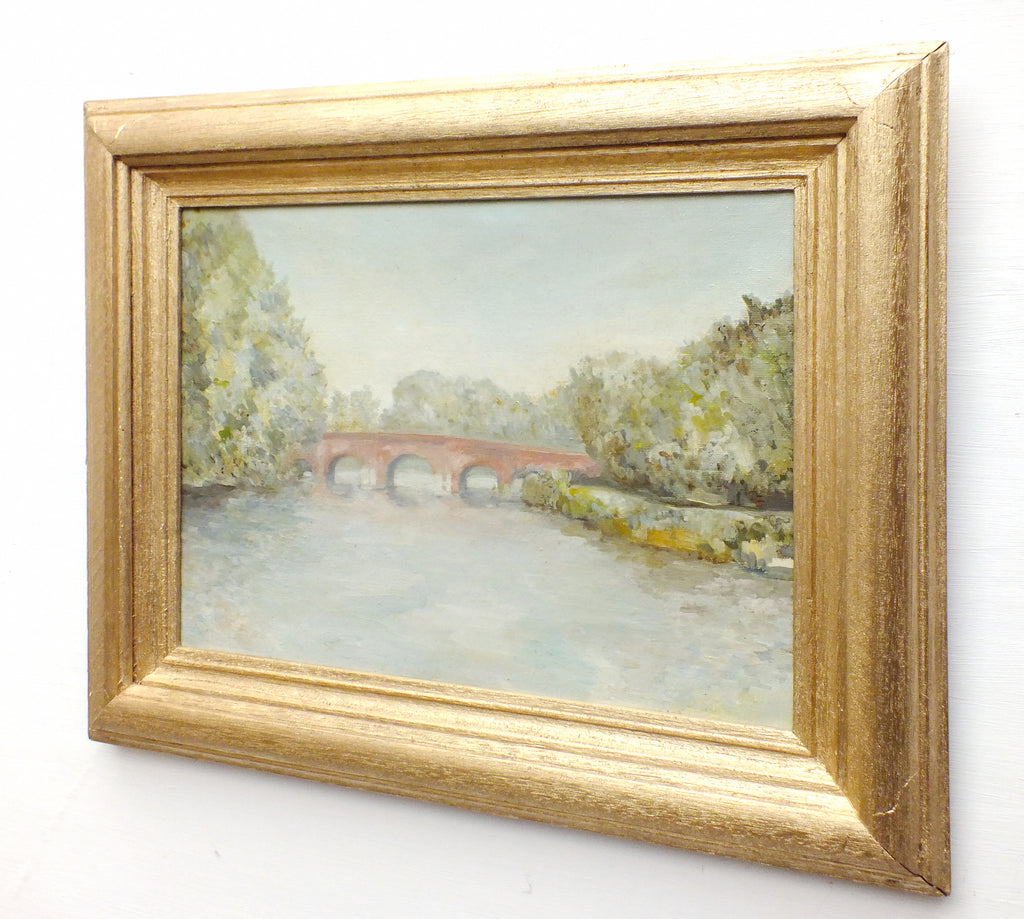 Bridge Over the River Landscape Vintage Oil Painting Framed