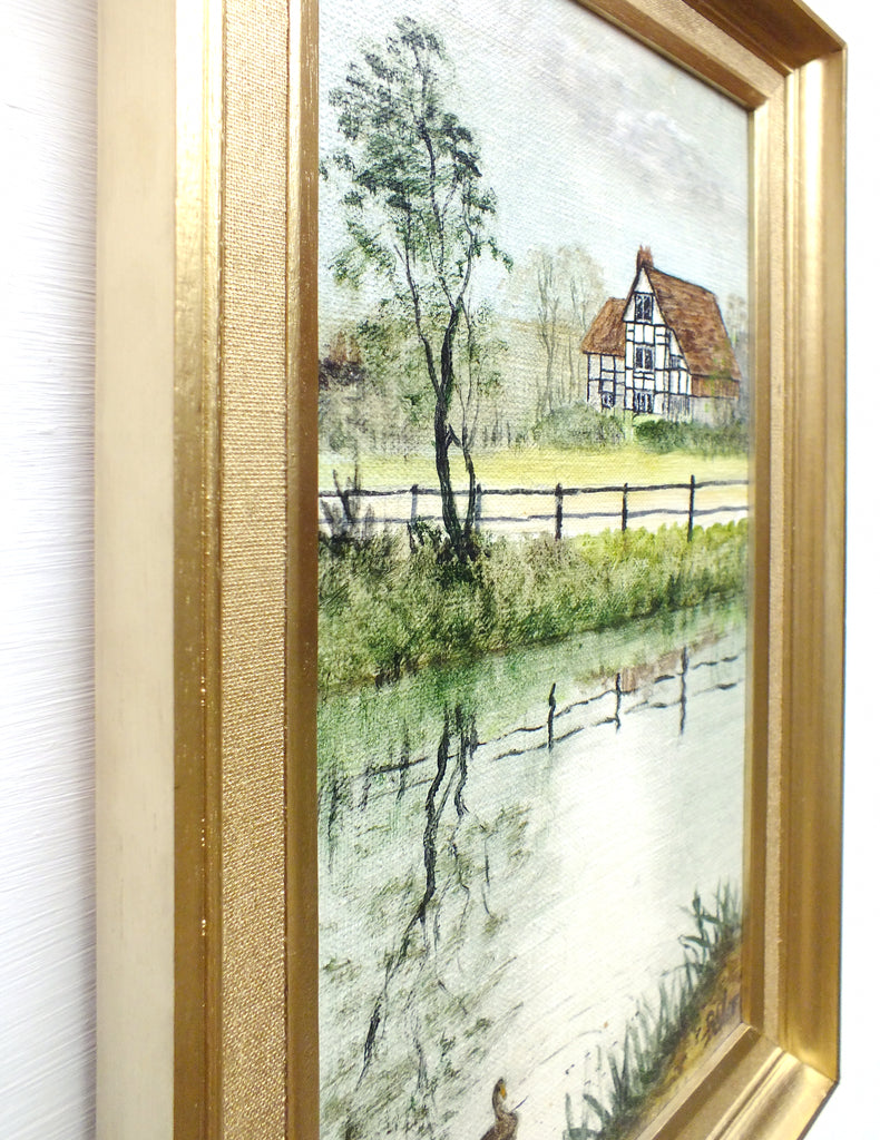Ditchling Village Pond English Country Landscape Oil Painting Signed Framed