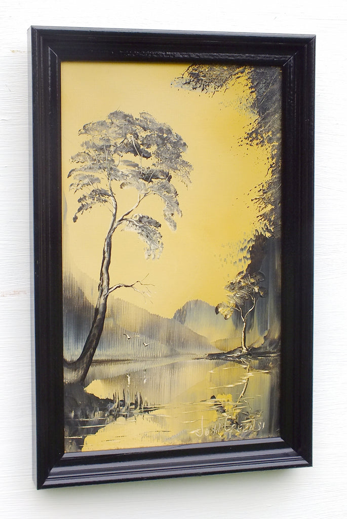 Japanese Woodblock Style Oil Painting Original Framed Signed Vintage Sunset