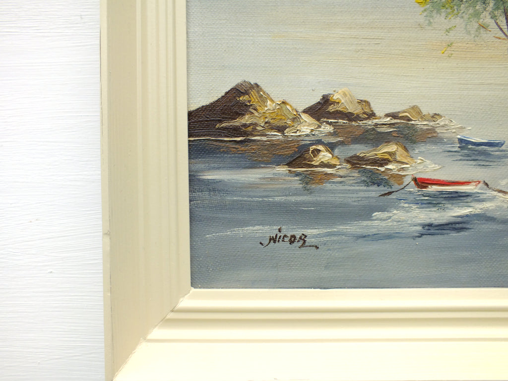 Boats Seascape Oil Painting Ocean Wall Art Greek Painting Framed Nautical Art