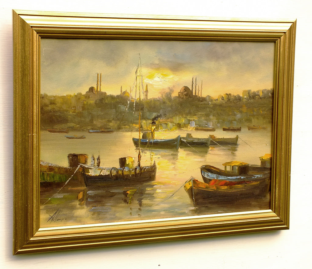 Moroccan Oil Painting Fishing Boats Painting Harbour Painting Framed Nautical Art