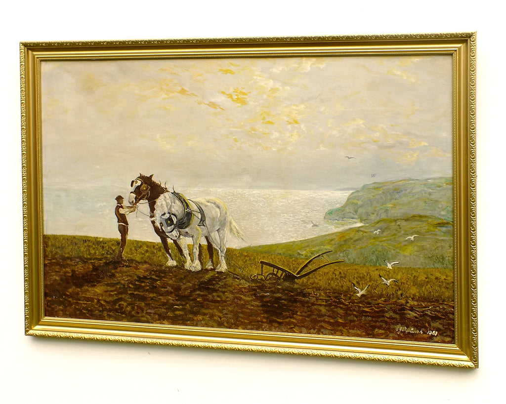 Plough Horses Oil Painting Farming Art Sea View Agrarian Sunset English Landscape