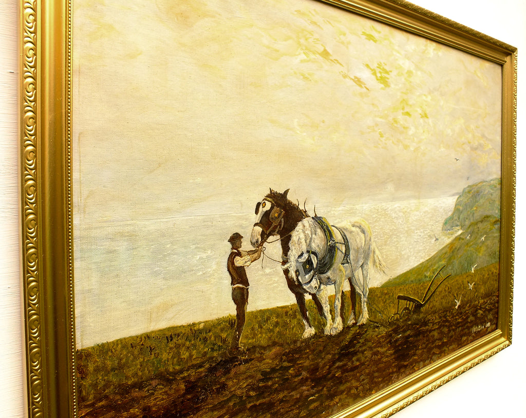 Plough Horses Oil Painting Farming Art Sea View Agrarian Sunset English Landscape