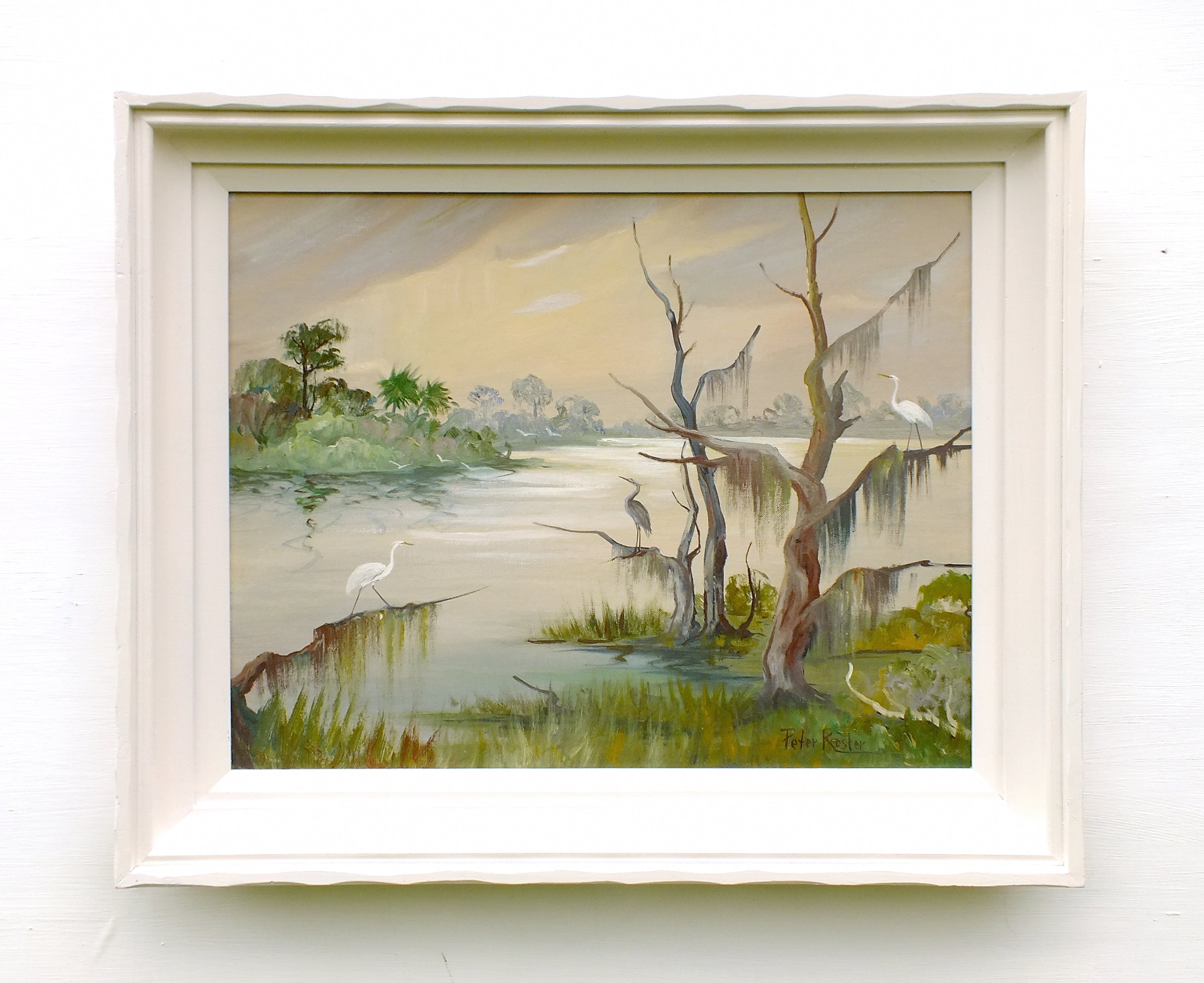 Crane Painting River Sunset Vintage Wildlife Oil Painting Signed Framed
