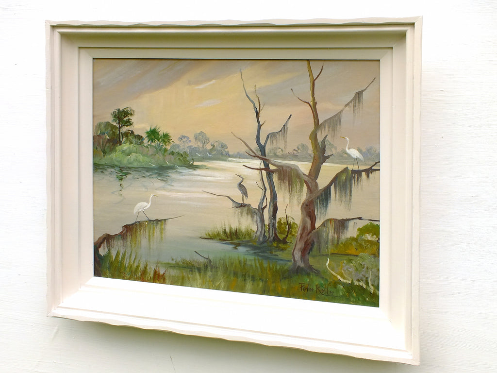 Crane Painting River Sunset Vintage Wildlife Oil Painting Signed Framed