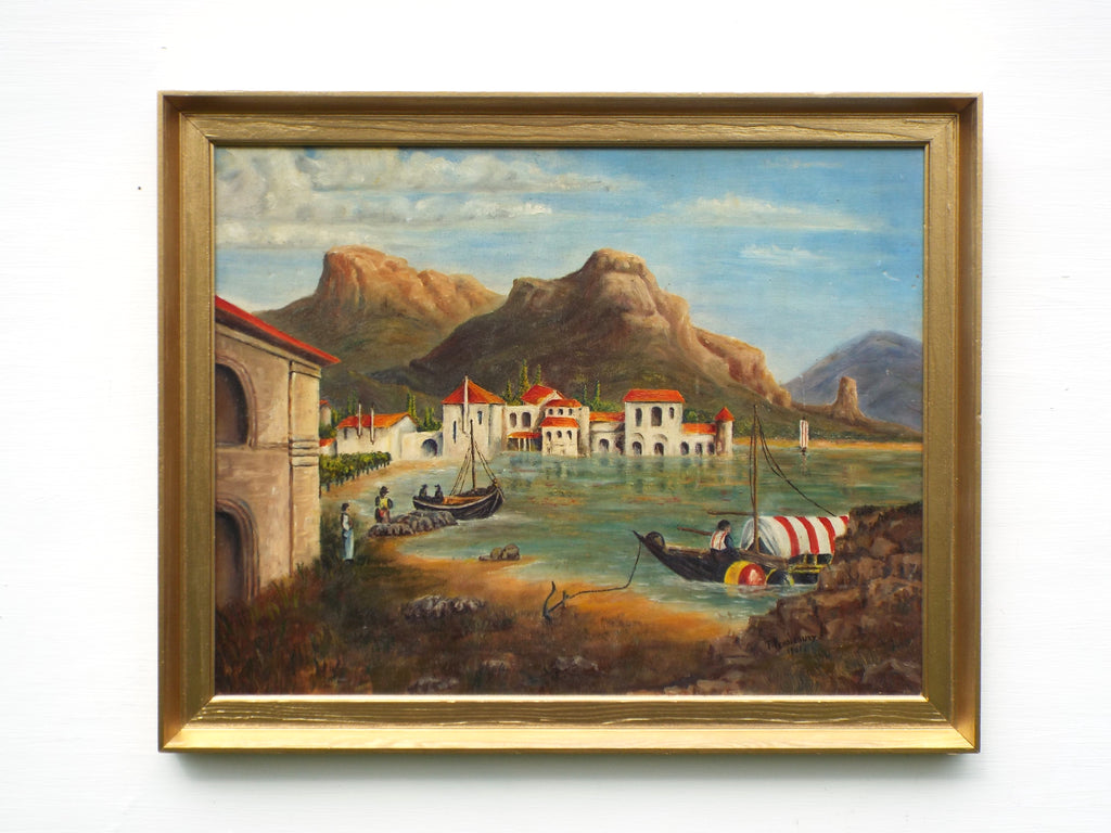 Mediterranean Art Coastal Oil Painting Framed Original Vintage Seascape