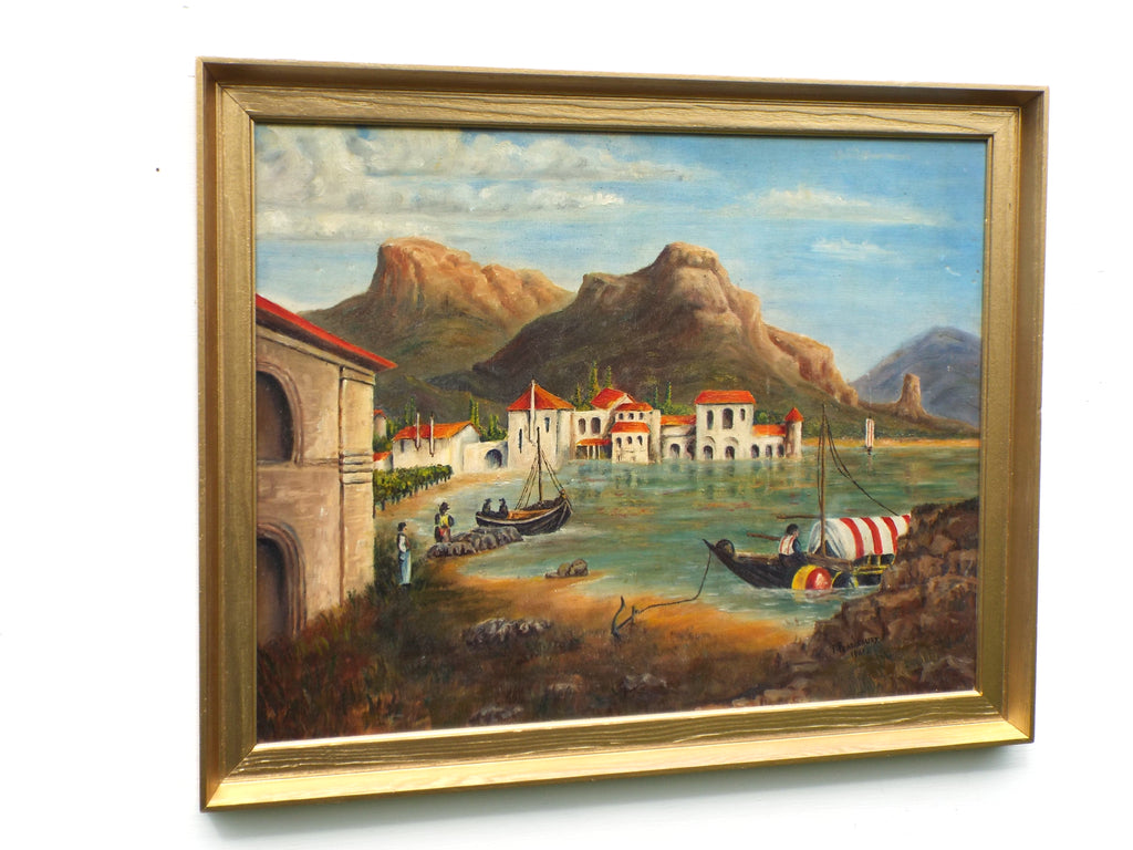 Mediterranean Art Coastal Oil Painting Framed Original Vintage Seascape