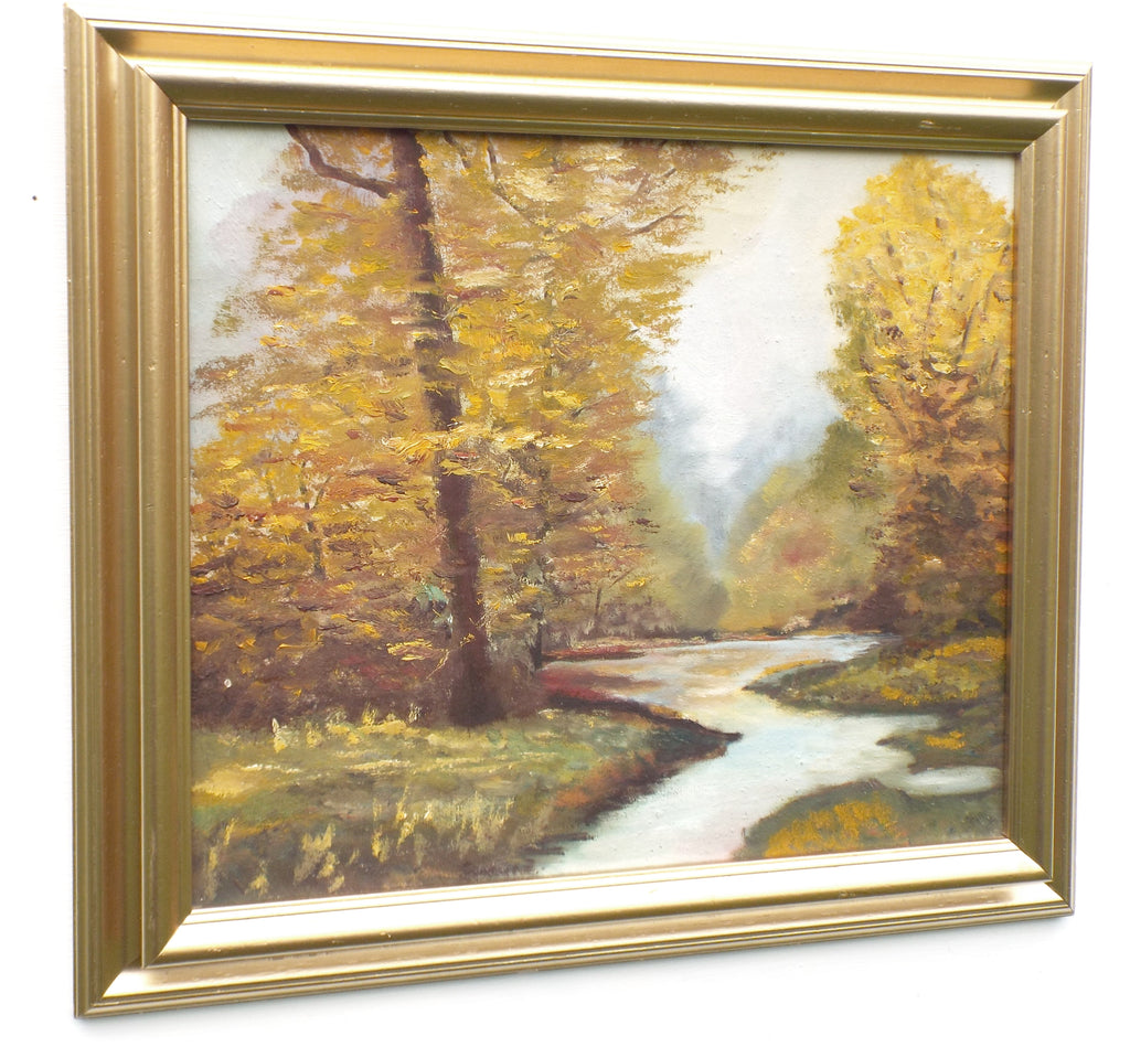 Riverside English Landscape Autumn Leaves Oil Painting Framed