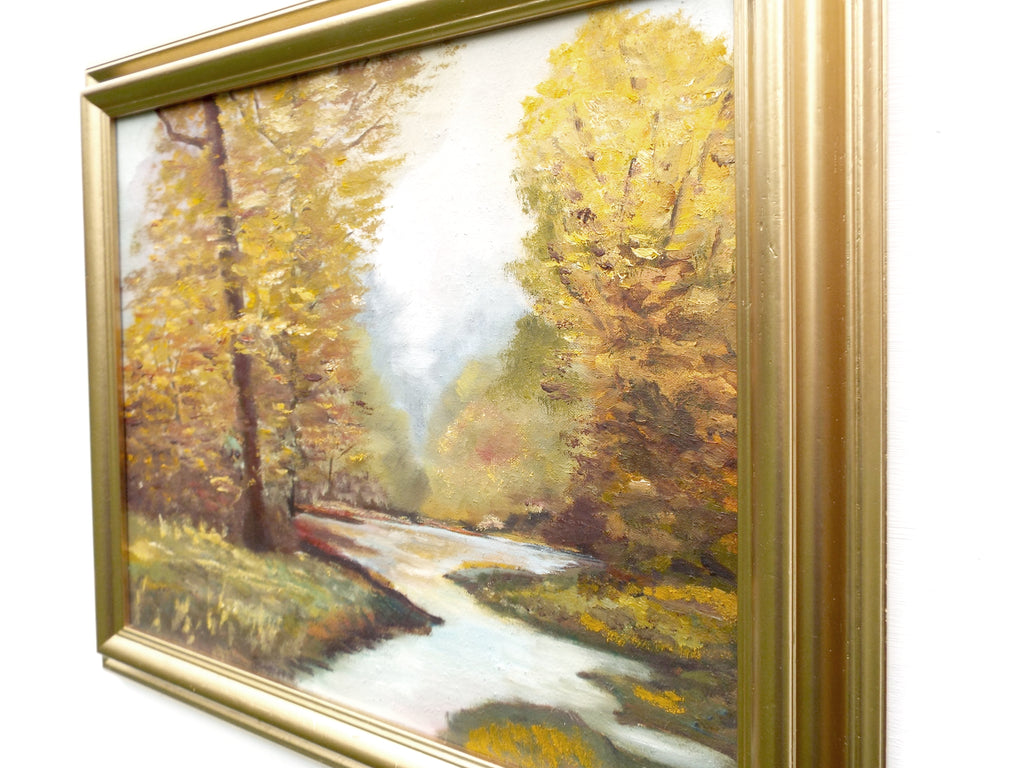 Riverside English Landscape Autumn Leaves Oil Painting Framed
