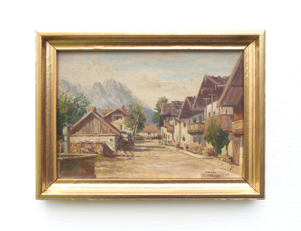 Alpine Village Bavarian Landscape Oil Painting Framed Miniature