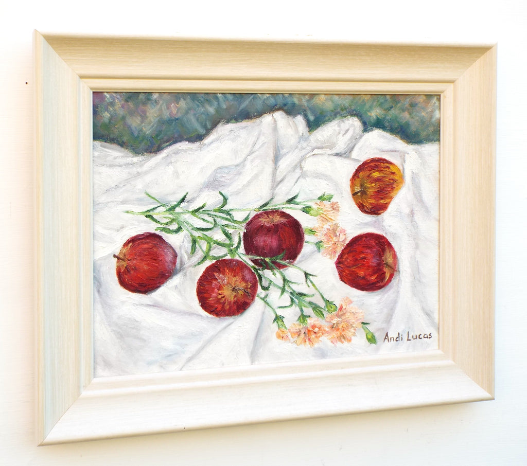 Apples Carnations Still Life Oil Painting Signed Framed Original
