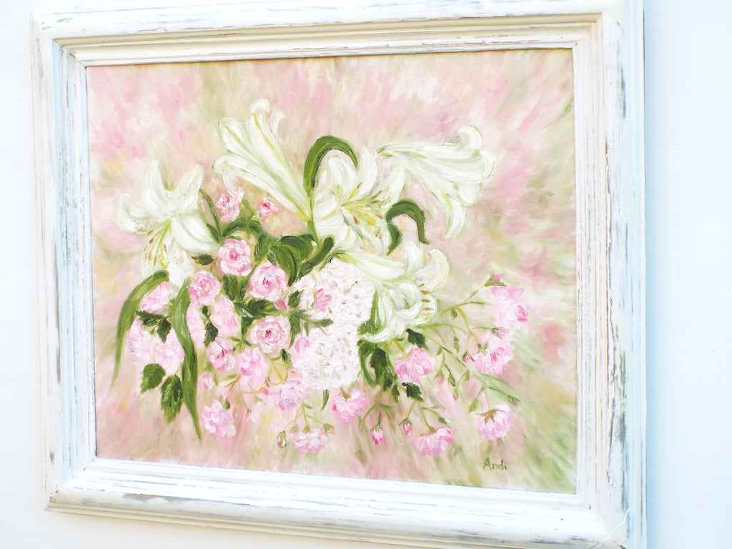 Lilies Roses Sweet Williams Still Life Oil Painting Signed Framed Original Flowers