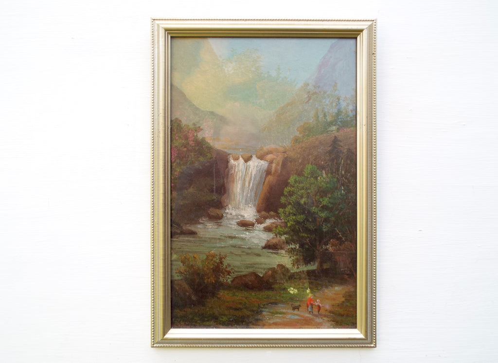 French Alps Oil Painting Framed Alpine Mountain Waterfall Landscape