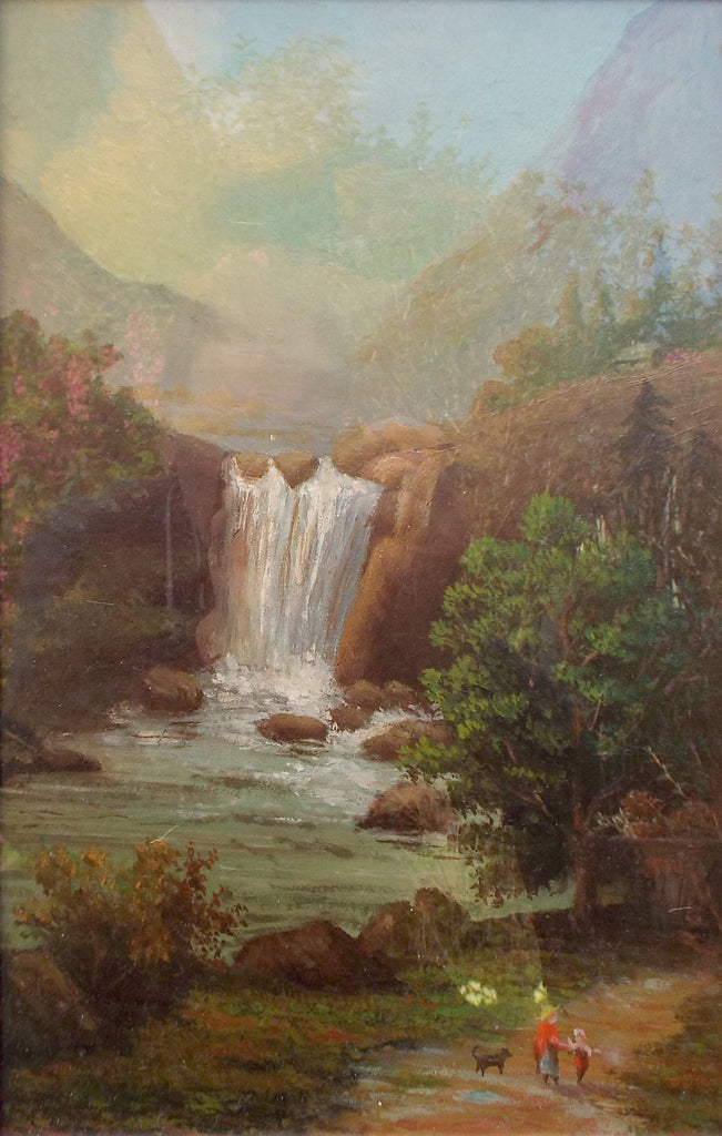 French Alps Oil Painting Framed Alpine Mountain Waterfall Landscape