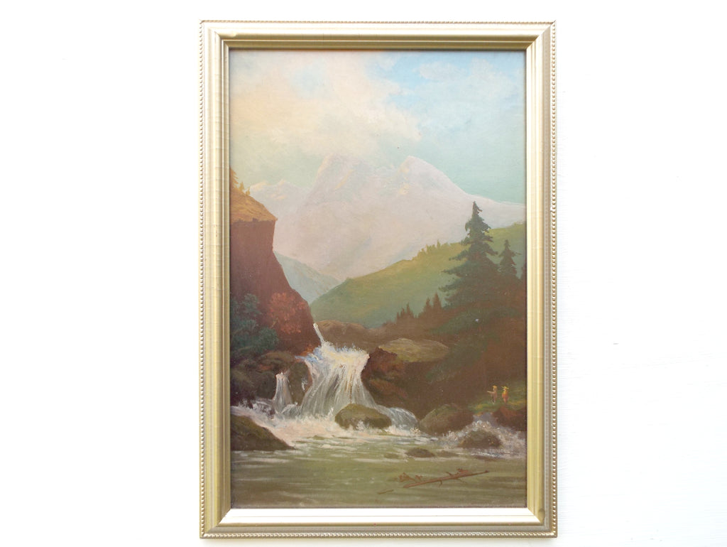 French Alps Oil Painting Framed Alpine Mountain Landscape Waterfall