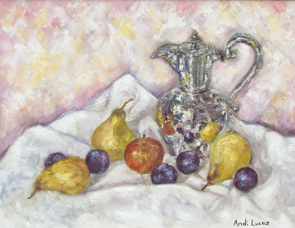 Fruits & Silver Still Life Framed Oil Painting Andi Lucas