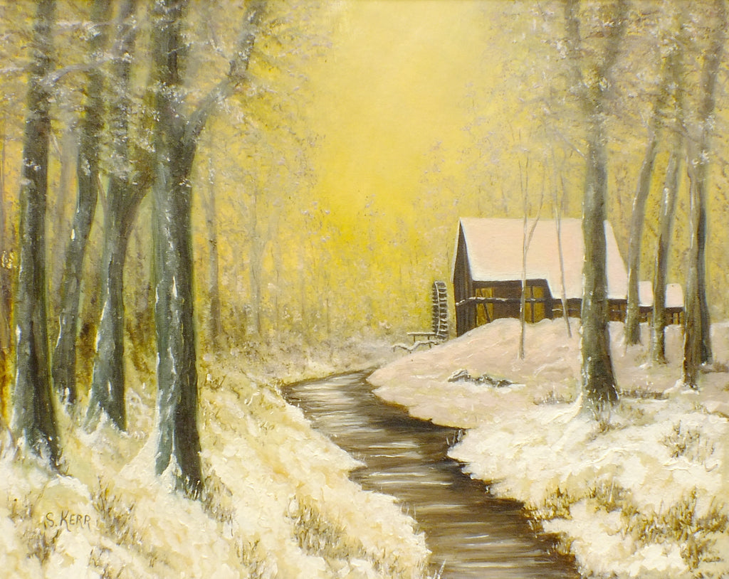Winter Watermill Vintage Oil Painting Winter Landscape Snow Scene
