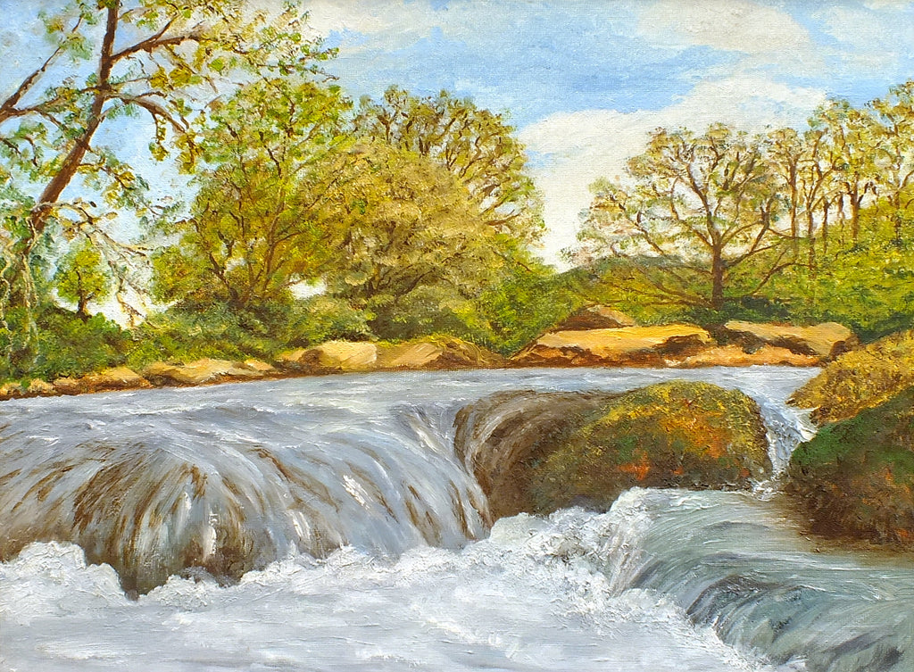 River Landscape Oil Painting Waterfall Framed Original Vintage