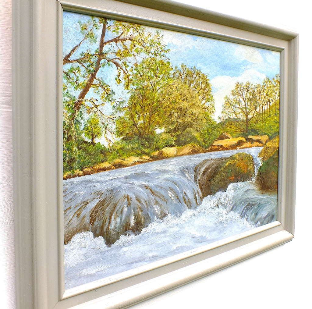 River Landscape Oil Painting Waterfall Framed Original Vintage