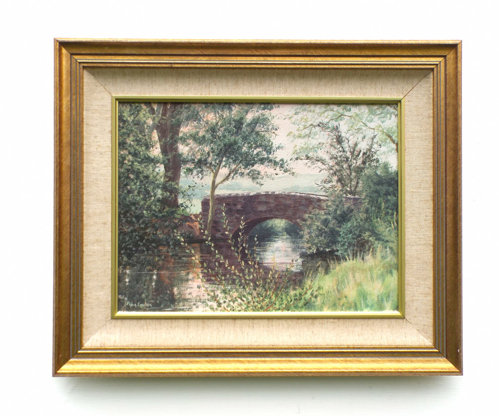 Stone Bridge Over the River Landscape Acrylic Painting Framed Original