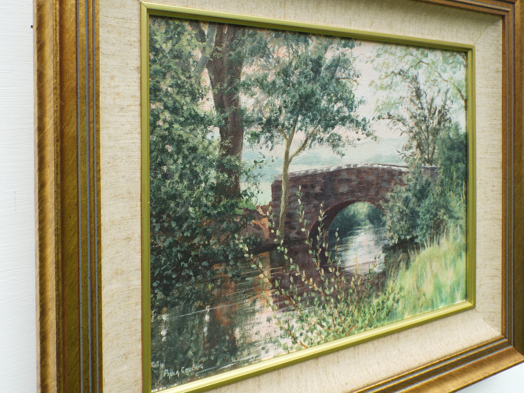 Stone Bridge Over the River Landscape Acrylic Painting Framed Original