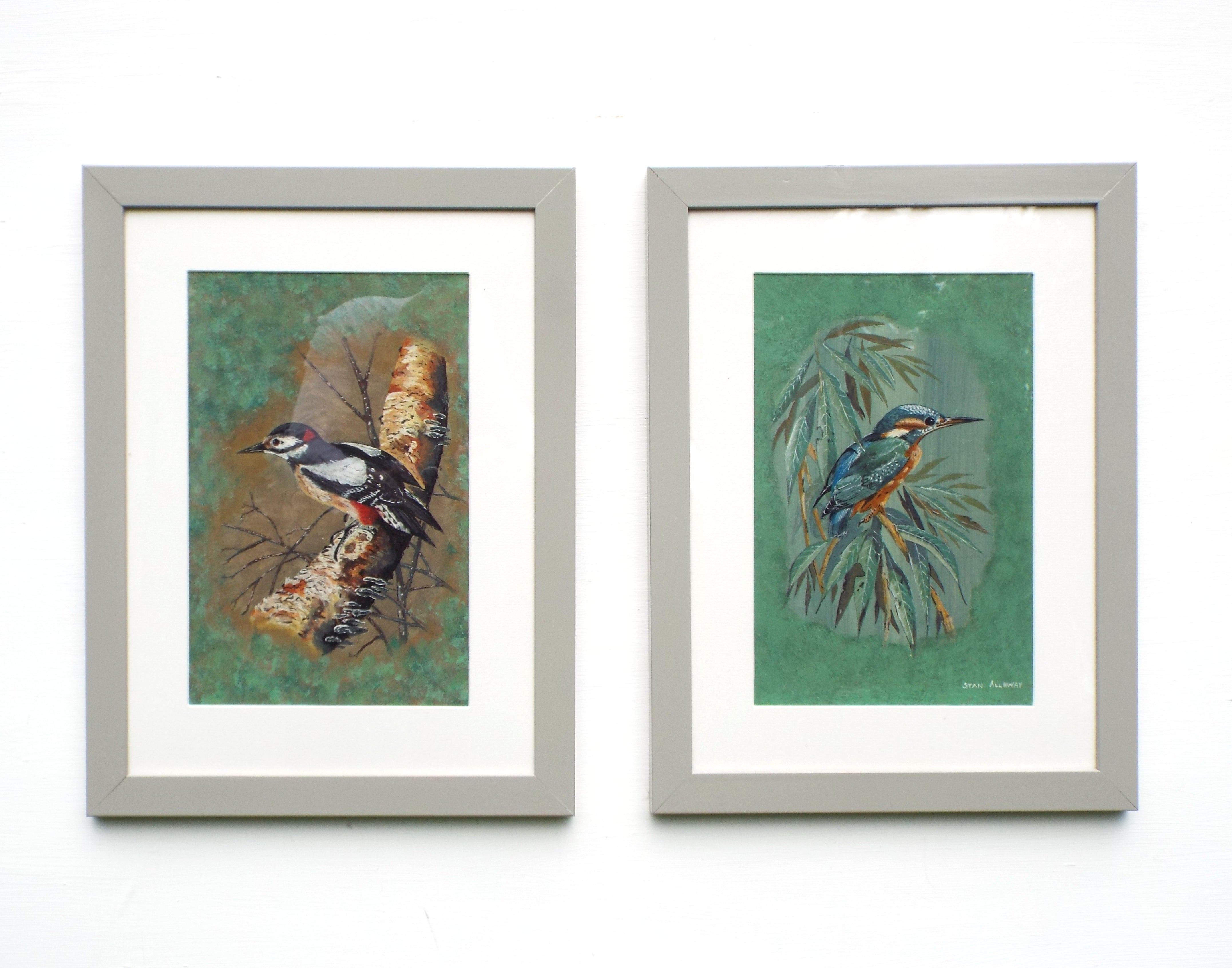 Pair Bird Paintings Great Spotted Woodpecker, Kingfisher Original Oil Framed