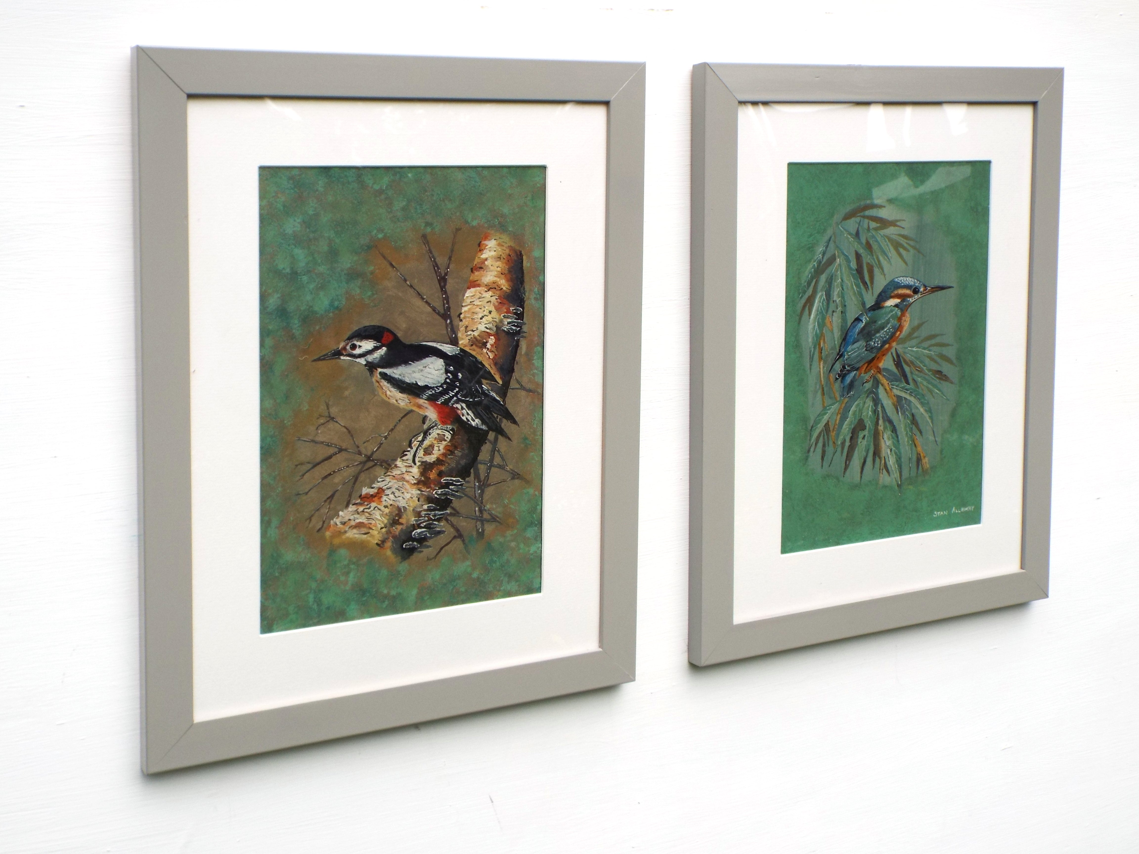 Pair Bird Paintings Great Spotted Woodpecker, Kingfisher Original Oil Framed