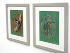 Pair Bird Paintings Great Spotted Woodpecker, Kingfisher Original Oil Framed