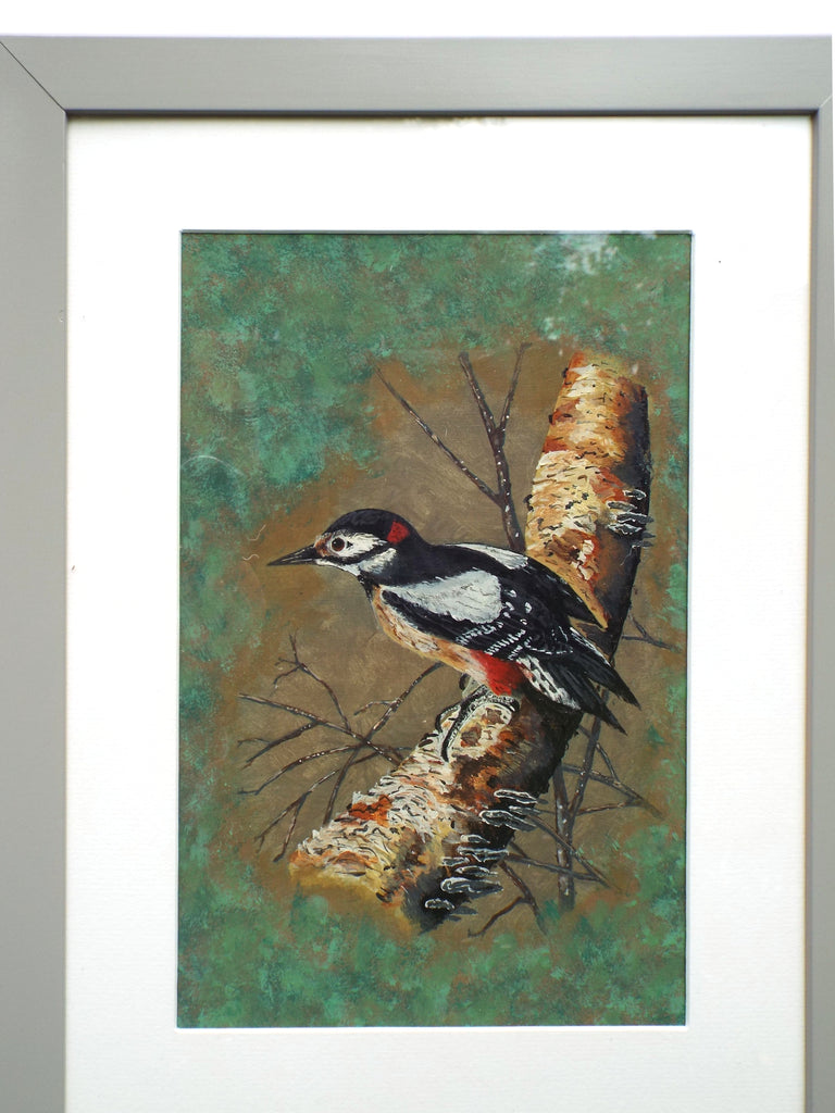 Pair Bird Paintings Great Spotted Woodpecker, Kingfisher Original Oil Framed