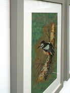 Pair Bird Paintings Great Spotted Woodpecker, Kingfisher Original Oil Framed