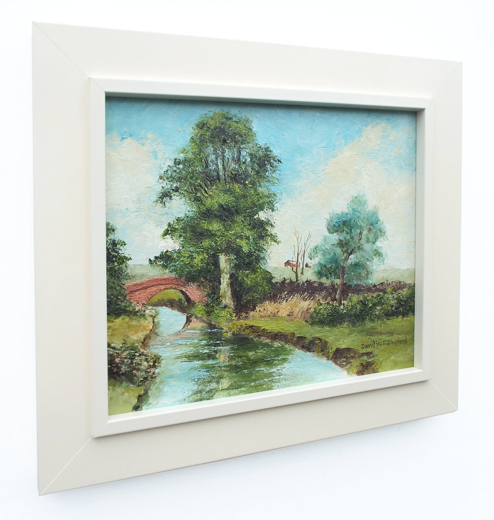 Bridge Over the River Landscape Oil Painting Framed Signed
