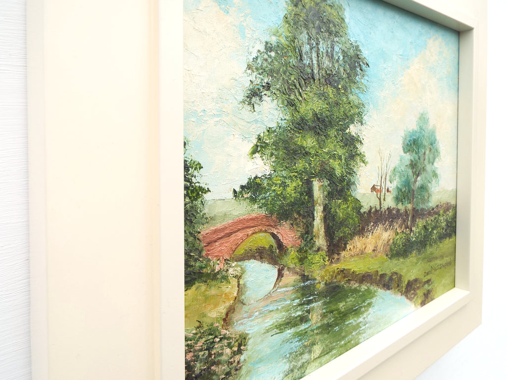 Bridge Over the River Landscape Oil Painting Framed Signed